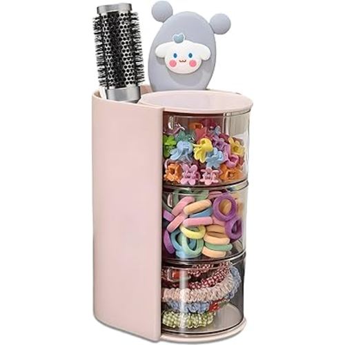 Hair Accessories Organizer with Hair Brush Holder, Rotatable Makeup Brush Holder for Necklaces, Earring, Bracelet, Ring, Makeup Brushes, Hair Clip and Hair Accessories (Pink, 3-Layer)