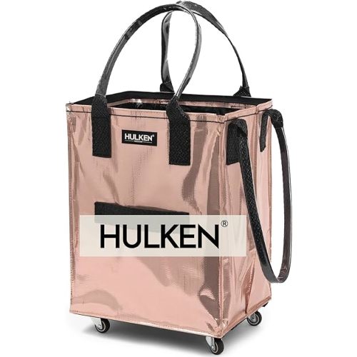 (Medium, Rose Gold) Reusable Grocery Bag On Wheels, Shopping Trolley, Rolling Tote, Zipper Closure, Lightweight, Carries Up to 66 lb, Folds Flat, Unbreakable Handles