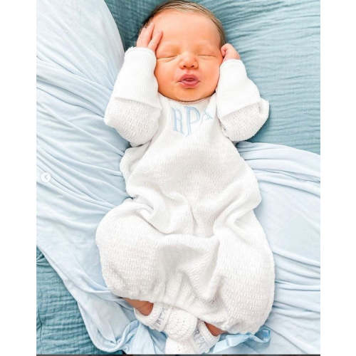 Paty Newborn Boy Take Home Outfit Gown White Blue Trim Paty Inc - Hiccups Children's Boutique