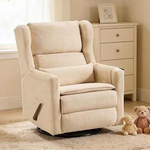 Rocking Chair Nursery with Adjustable Headrest,Comfy Swivel Rocker Recliner with Lumbar Support, Manual Nursery Chair Rocker Recliner with Cup Holder and Side Pockets, Beige