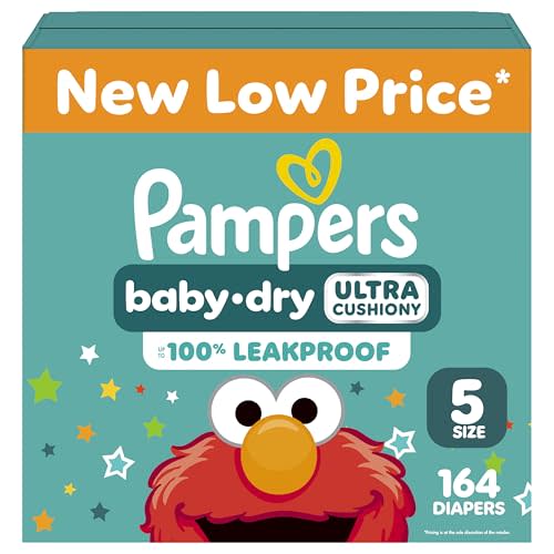 Pampers Baby Dry Ultra Cushiony Diapers, Size 5 (20-37 lbs), 164 Count, Up to 100% Leakproof