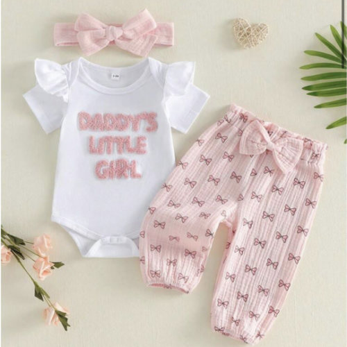 Newborn Baby Girl 3Pcs Outfits Daddys Little Girl Short Sleeve Romper Pants Headband Infant Summer Clothes | SHEIN USA