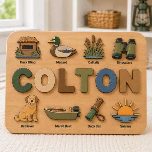 Duck Hunting Wooden Name Puzzle, Personalized Waterfowl Hunter Toy, Custom Name Board, Montessori Learning Gift, Outdoor Boy Room Decor