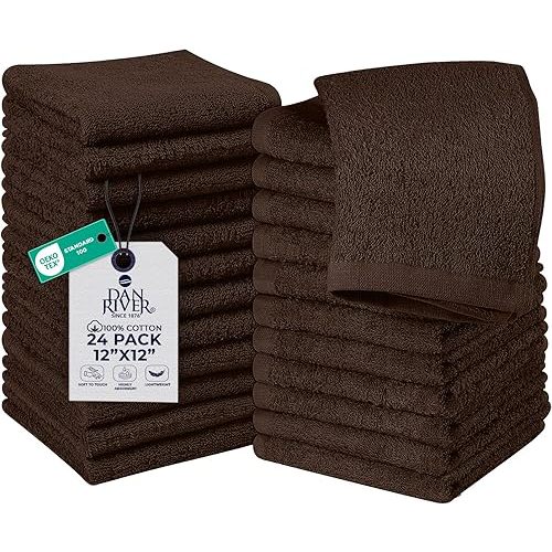 DAN RIVER 24 Pack Wash Cloths for Showering [12x12] - 100% Cotton Washcloths Premium Quality Flannel Face Cloths for Bathroom, Highly Absorbent and Soft Feel Wash Clothes, Brown