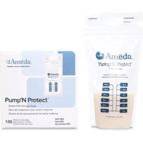 Ameda Pump'N Protect Breast Milk Storage Bags 6oz, 100pc, Resealable Breast Milk Storage Bags for Refrigerator or Freezer, BPA Free, Breastfeeding Equipment & Pumping Accessories