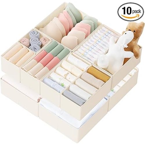 Criusia Drawer Organizer Clothes, 10 Pack Dresser Organizer for Baby Clothes, Underwear, Sock- Foldable Closet Organization and Storage Dividers Bins for Nursery, Bedroom (Beige)