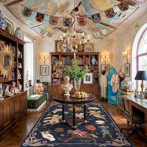 Kokia Sun and Moon Celestial Cottagecore Area Rug 5x7 Feet Navy Blue Vintage Washable Low Pile Non-Slip Rug for Nursery Playroom Living Room Bedroom Unique Boho Decorative Tapestry Rug