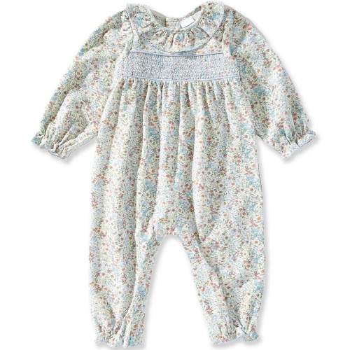 Edgehill Collection Baby Girls Floral Ruffle Smocked Footless Coverall