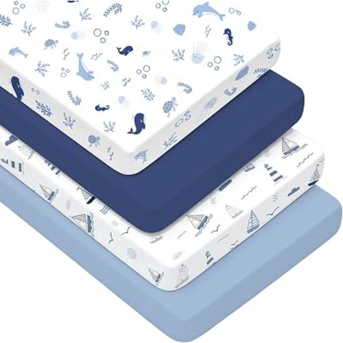 4 Pack Crib Sheets for Boys - Ultra Soft & Skin-Friendly Crib Fitted Sheet for Standard Crib and Toddler Mattress Pad, 52"x28"(Navy)