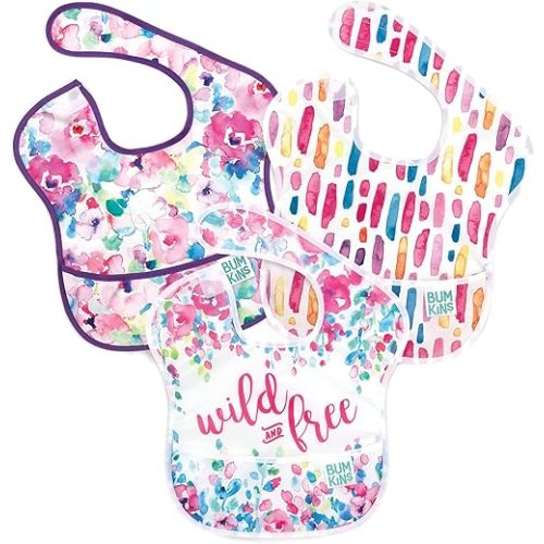 Bumkins Bibs for Girl or Boy, SuperBib Baby and Toddler for 6-24 Months, Essential Must Have for Eating, Feeding, Baby Led Weaning Supplies, Mess Saving Catch Food, Fabric 3-pk Wild and Free