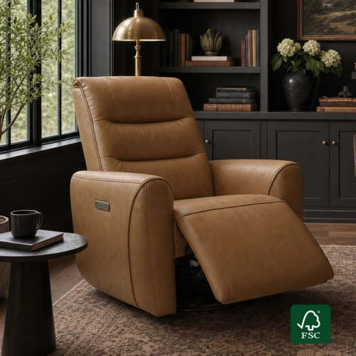 Ineke Genuine Leather Swivel Glider Power Recliner with Power Headrest - Saddle
