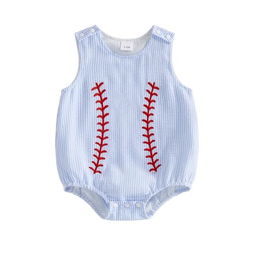 Newborn Baby Boy Baseball Outfit Embroidered Stripe Bubble Romper Seersucker Sleeveless Bodysuit Summer Clothes