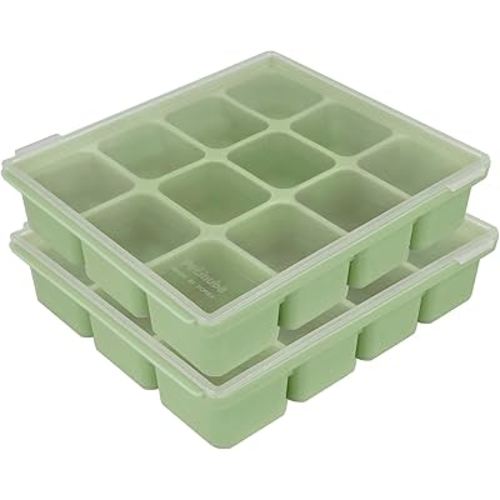 Silicone Freezer Tray, Baby Food Storage Cubes with Clip-On Lid, Freeze Baby Food, Soups, Purees, Ice, Easy and Safe Design, Made in Korea (12cubes 1.5oz, Celadon Green Set of 2)