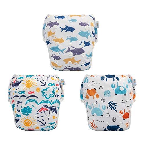 Babygoal Baby Swim Diapers 3 Pack for 0-8 Months Infant Girls and Boys, Reusable Adjustable Washable for Swimming Lessons-Crab,Shark
