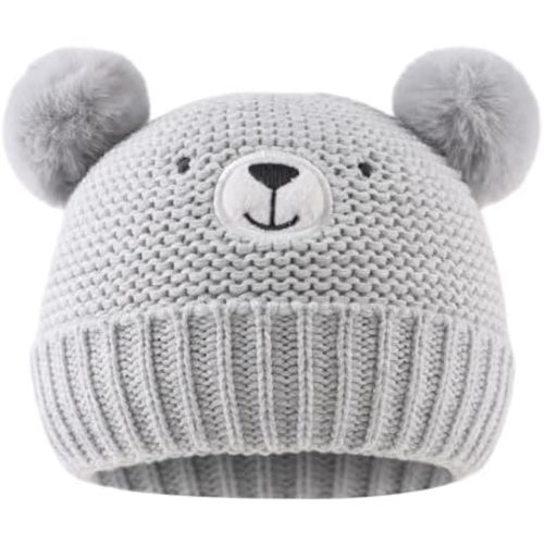 JANGANNSA Cute Bear Baby Beanie Pompom Baby Boy Hat Winter Knit Beanie Girl | 0-6 Months Gray,100% Cotton Lining,Skin-friendly,Slight Elastic,Adorable Embroidered Bear Patch,Double Layer warmth