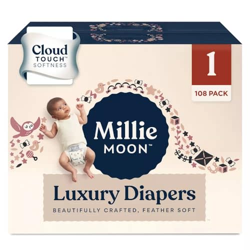 Millie Moon Luxury Diapers – Ultra Soft Cloud Touch Disposable Diapers with 12 Hour Absorbency & Wetness Indicator (1-108ct)
