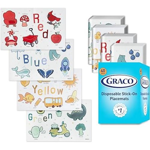 Graco Baby Disposable Stick-On Placemats, 40 Sheets with Assorted Designs, 12" x 18", Adhesive Table Mats for Mealtime, Home & Restaurant Use, Eco-Friendly