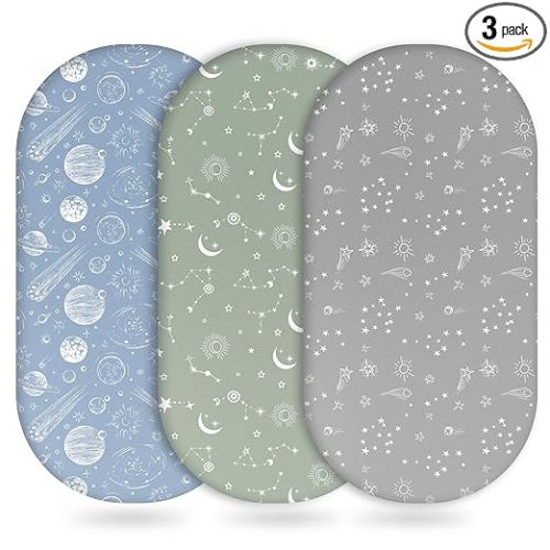 Unnivoll Baby Bassinet Sheets Girl Boy, Fitted Bassinet Sheet Set 3 Pack Bassinet Mattress Sheets Universal Fit for Rectangle, Round, Oval, Hourglass Mattress, Soft Breathable Green Gray Constellation