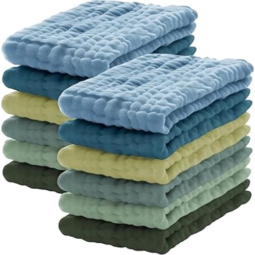 12 Pack Muslin Burp Cloths 100% Cotton Muslin Cloths Large 20''x10'' Extra Soft and Absorbent Baby Burping Cloth - Sage, Teal and Blue