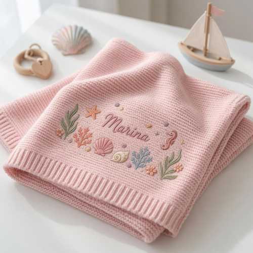 Personalized Embroidered Baby Blanket, Custom Newborn Name Blanket, Ocean Nursery Gift, Baby Shower Keepsake, Seashell Blanket