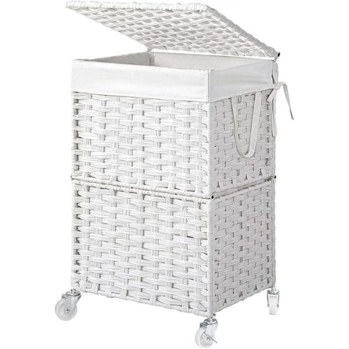 Chrislley 90L Slim Laundry Hamper with Wheels, Rolling Laundry Basket with Lid and Renovable Liner Bag, Handwoven Rattan Organizer for bedroom, bathroom, laundry room (White)