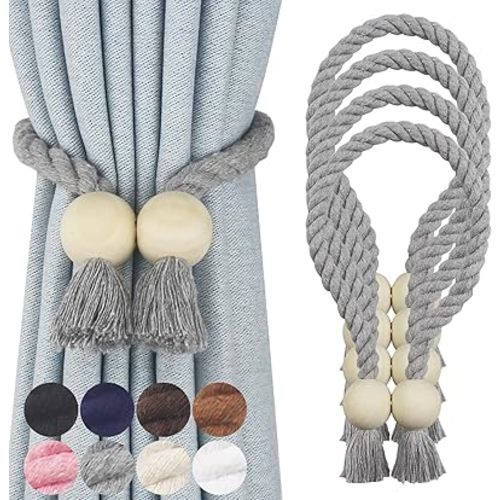4 Pack Magnetic Curtain Tiebacks Cotton Hand Woven Tie Back Decorative Rope Holdbacks for Curtains Draperies No Tools Required, Grey