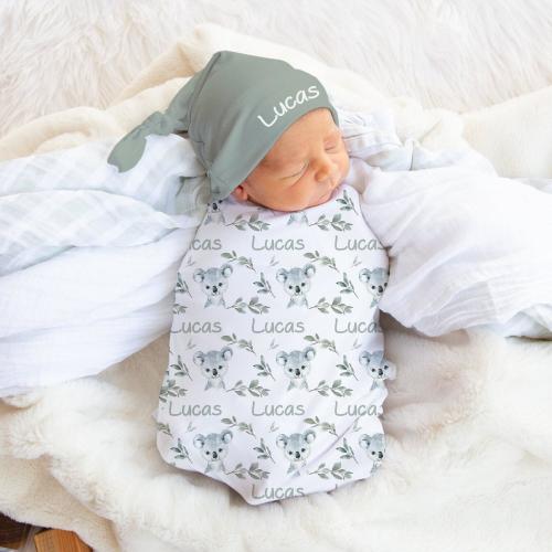 Baby Boy Koala Swaddle Set with Name- Blanket Beanie Hat -Personalized Baby Boy Blanket -Newborn Hospital Photo -Koala Baby Shower Gift