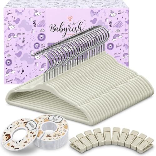 Babyrish Velvet Baby Hangers with 10x Clips and 8X Dividers (30 Pack) | 11” Ultra-Slim Baby Clothes Hangers | Non-Slip Felt | Space-Saving Nursery & Infant Closet Organizer | Beige