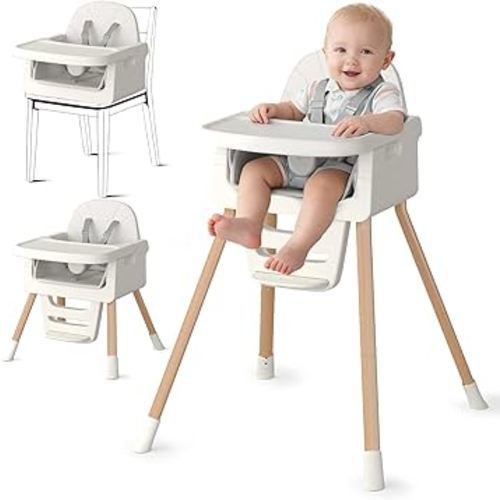 Baby High Chair for 6 Months+, Foldable High Chairs for Babies and Toddlers, Convertible Toddler Chair, Adjustable Tray & Footrest, Lightweight, Stable & Easy to Clean(White with Wood Grain)