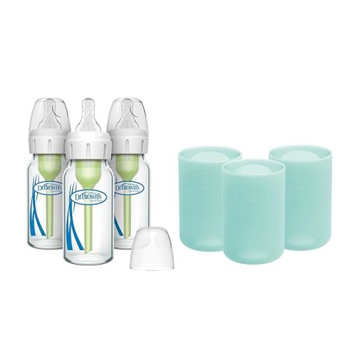 Dr. Brown's Anti-Colic Options+ Narrow Glass Baby Bottles 4 oz/120 mL, with Level 1 Slow Flow Nipple, 3 Pack 0m+ with Mint 100% Silicone Sleeves, BPA-Free