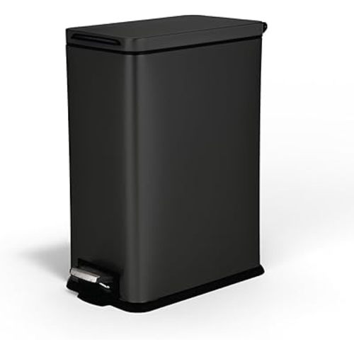 Home Zone Living 8 Gallon Slim Kitchen Trash Can with Soft Close Lid, Step Pedal, Bag Tuck Band, and Removable Liner, Stainless Steel, Matte Black, 30 Liters