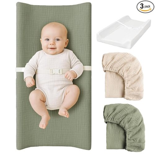 Konssy Muslin Changing Pad with Waterproof Lining Foam, Includes 2 Pack Soft & Cotton Cover, Baby Diaper Changing Pad for Dresser or Table, 32x16 inches (Fog Green,Cream)