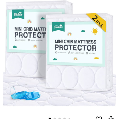 Mini Crib Mattress Protector Sheets Waterproof 2 Pack, Quilted Pack and Play Mattress Pad Cover Fits for Mini Crib/Playen/Pack and Play Mattress, White, 38"x24"