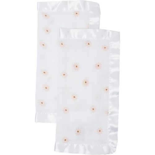 Lulujo Security Lovey Blankets Unisex Softest Breathable Cotton Muslin Security Blanket Set with Silky Satin Trim| Neutral Comforting Blanket for Girls & Boys| 16in x 16in| Daisies