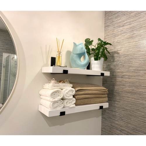 White Wooden Shelf with Industrial Metal Brackets | Custom Size Floating Shelf | Shelf with Flat Bracket | Heavy Duty Shelf | Rustic Shelf