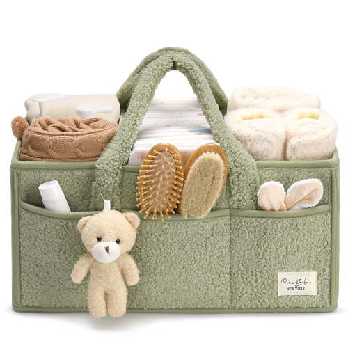 Plush Sherpa Baby Diaper Caddy Organizer, Portable Nursery Storage Basket with Teddy Bear Charm, Multi‑Compartment Changing Table Organizer for Newborn Essentials, Unisex Baby Shower Gift