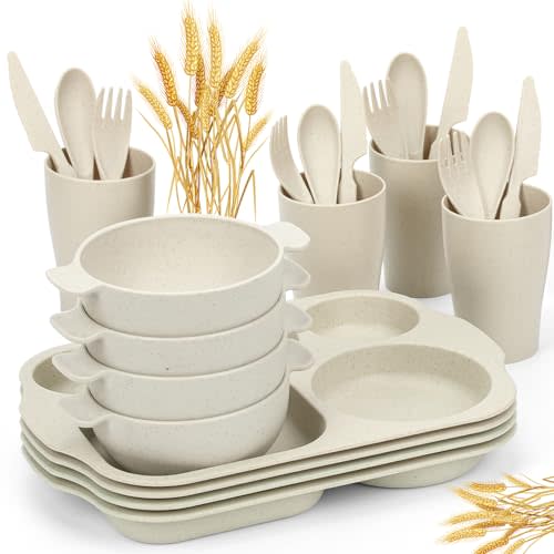 24 PCS Wheat Straw Dinnerware Set for Kids Toddler Plate Bowl Cup Set Unbreakable BPA-Free Tableware with Divided Plate Microwave Dishwasher Safe Perfect for Home School Picnics
