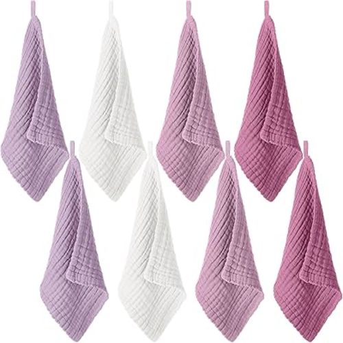 8 Pcs Baby Washcloths for Newborn 12 x 12 Inch Muslin Face Towels Cotton Absorbent for Delicate Skin Soft Muslin Cloth Reusable Baby Registry as Shower Gift, 4 Colors(Purple Color)