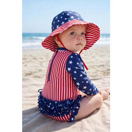 Long Sleeve Rash Guard With Ruffle Bottom | Stars & Stripes Party
