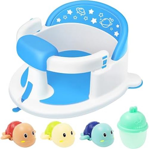 Baby Bath Seat 6M+, Non-Slip Cushion, CPSC Certified, 5-Pc Set, Blue