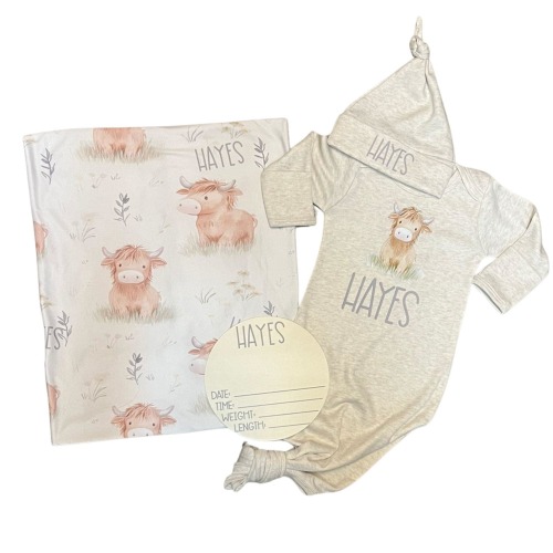 Cow theme baby gift bundle, Highland Cow Swaddle Blanket, Personalized knotted gown, Cow nursery, Take home outfit, Farm theme nursery