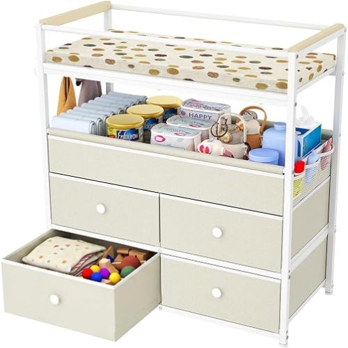Baby Diaper Changing Table Dresser with Safety Bumper and 4 Drawer