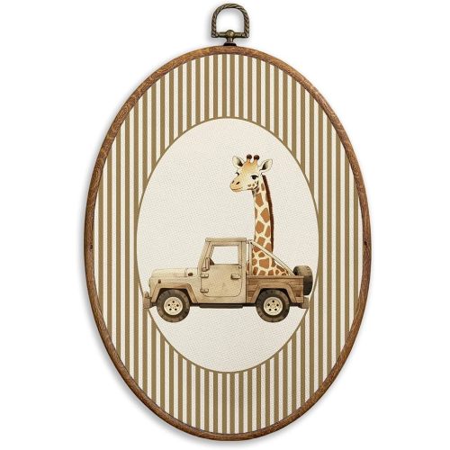 SONMYSULIL Vintage Car Giraffe Nursery Wall Art Decor, Animal Nursery Oval Wall Hanging Decor, Giraffe Drive Car Framed Canvas Prints for Kids Toddler Boys Room Bedroom Playroom, 8.6x11.4 Inch