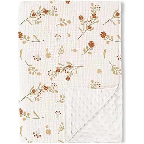 Konssy Baby Blankets for Unisex Boys Girls, Super Soft Nursery Minky Blankets with Muslin Cotton Front and Dotted Fleece Backing, Printed Bed Throws Newborn