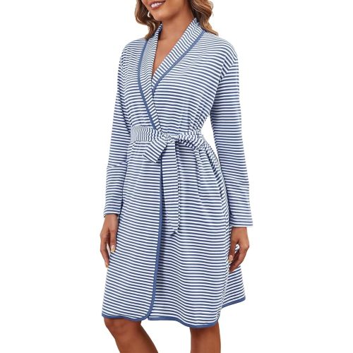 Cotton Robes for Women Striped Long Sleeve Kimono Bath Robe Lightweight House Coat Bathrobe Loungewear with Pockets