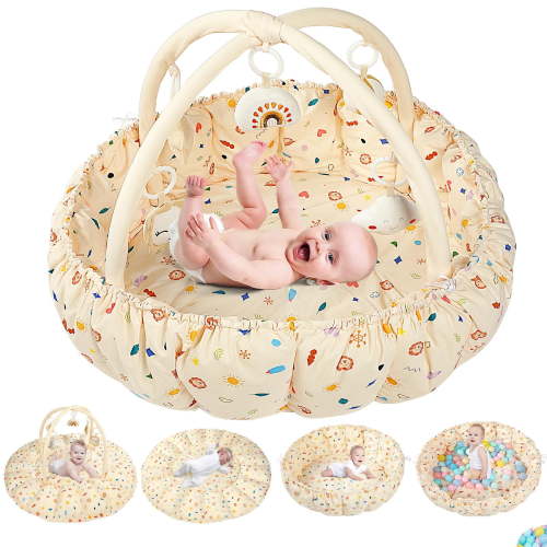 5 in 1 Thick and Plush Play Gym, Tummy Time Mat, Play Mat for Babies and Toddlers, Activity Gym, Baby Activity Center from Baby to Toddler, Ball Pit, Soft Plush Pet Bed, with 5 Toys(Beige)