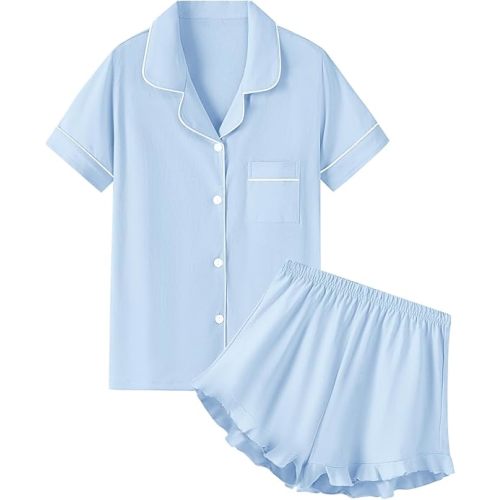 QZH.DUAO Girls & Women Pajama Sets 100% Cotton Sleepwear Button Down Short Sleeve With Ruffle Shorts PJS 5 Years-Large
