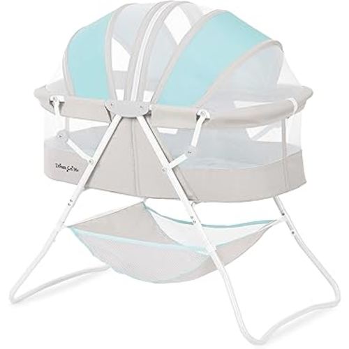Dream On Me Karley Bassinet, Award Winner Lightweight Travel Baby Bassinet, Foldable Bedside Sleeper, Adjustable Double Canopy, Spacious Design, Soft Fabric, Storage Basket – Blue and Grey