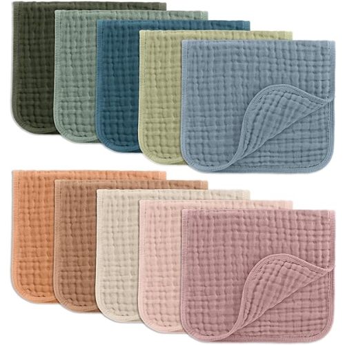 Comfy Cubs Muslin Burp Cloths Baby 50 x 25 cm, Pack of 10 - Large 6-Layer Ultra-Absorbent 100% Cotton for Babies Drool & Messes - Soft & Gentle Burp Cloth Baby Set for Boys & Girls - Multi