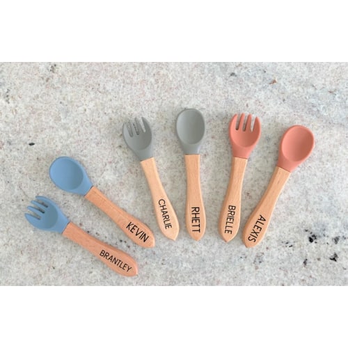 Etsy Personalized Wooden and Silicone Spoon and Fork Set